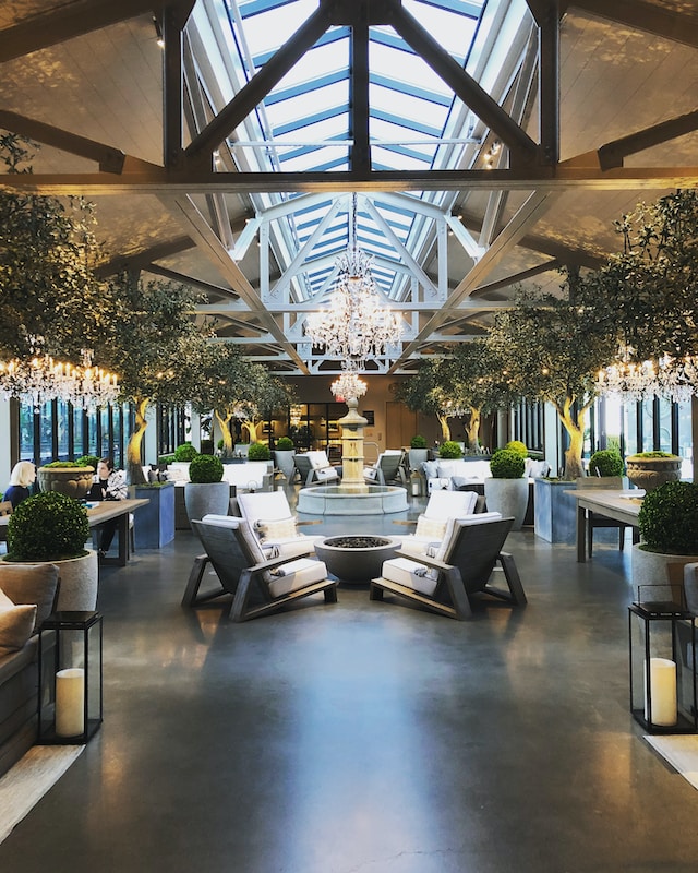 Symmetric Office with Trees and Comfy Chairs